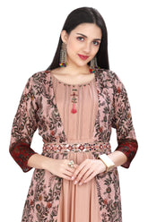 Peach Modal Frock Style Kurti with Floral Kalamkari Print Designer Jacket